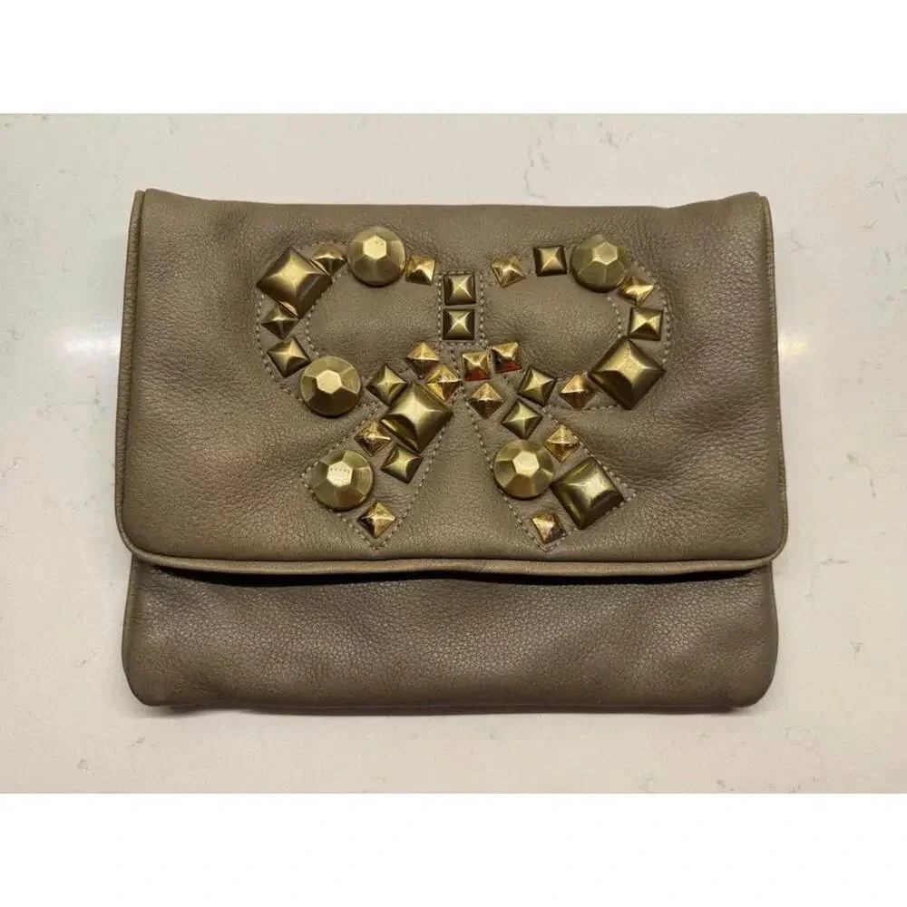 Felix Ray Taupe Leather and Brass Bow Clutch Purse